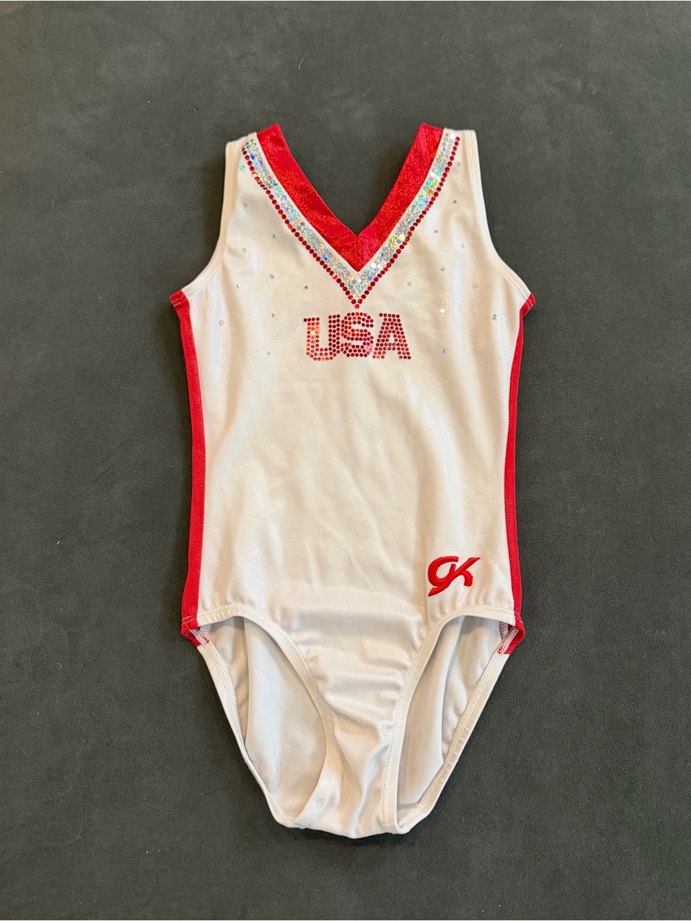 GK Kids White and Red USA Sparkle Gymnastics Leotard